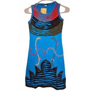 K.P.C. Women's Blue Boho‎ Embroidered Handmade in Nepal Dress Size Medium